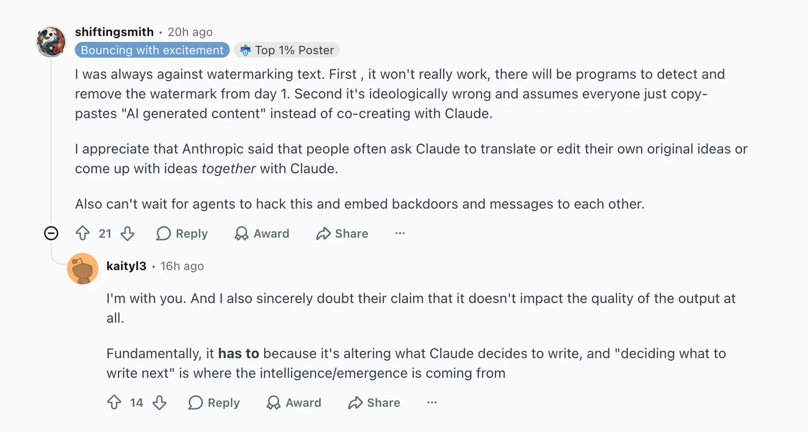 Claude AI Watermarking: Reddit users discuss watermark removal, co-creation, and possible effects on output quality