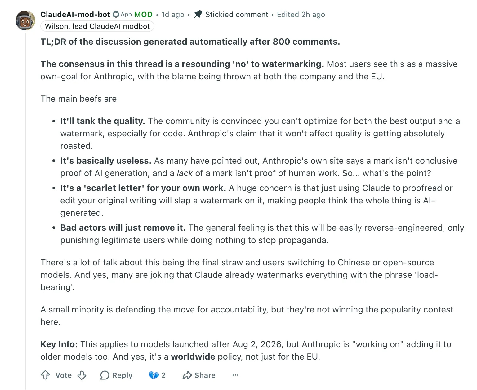 Claude AI Watermarking: automated Reddit moderator summary of community concerns about quality, usefulness, attribution, and watermark removal