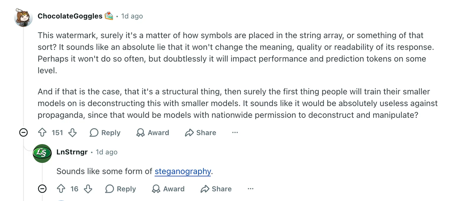 Reddit users discussing whether Claude's embedded text watermark could resemble steganography