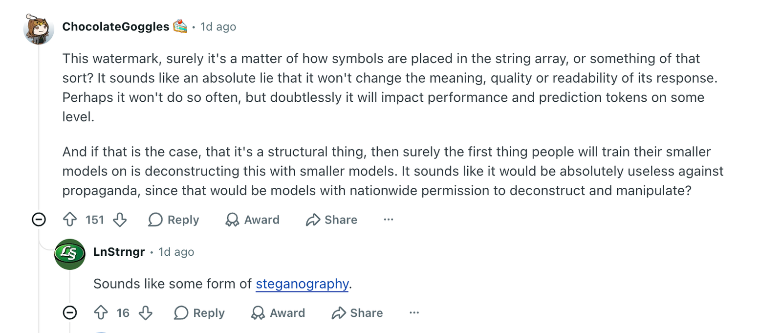 Reddit users discussing whether Claude's embedded text watermark could resemble steganography