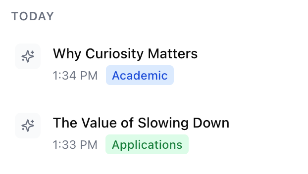 WriteBros.ai history entries with Academic and Applications category badges