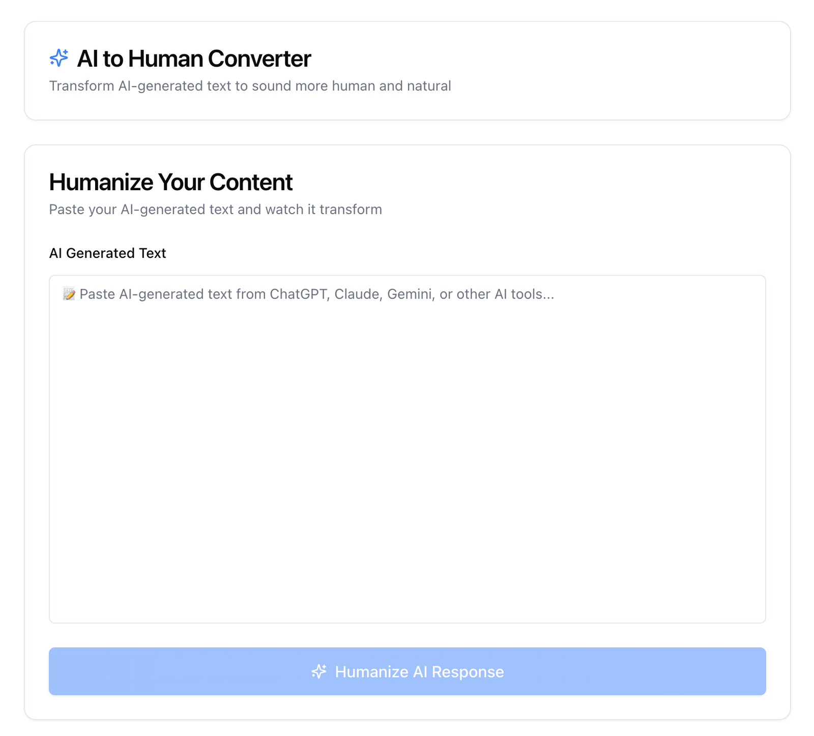 WriteBros.ai AI to Human Converter panel with AI Generated Text box and Humanize AI Response button