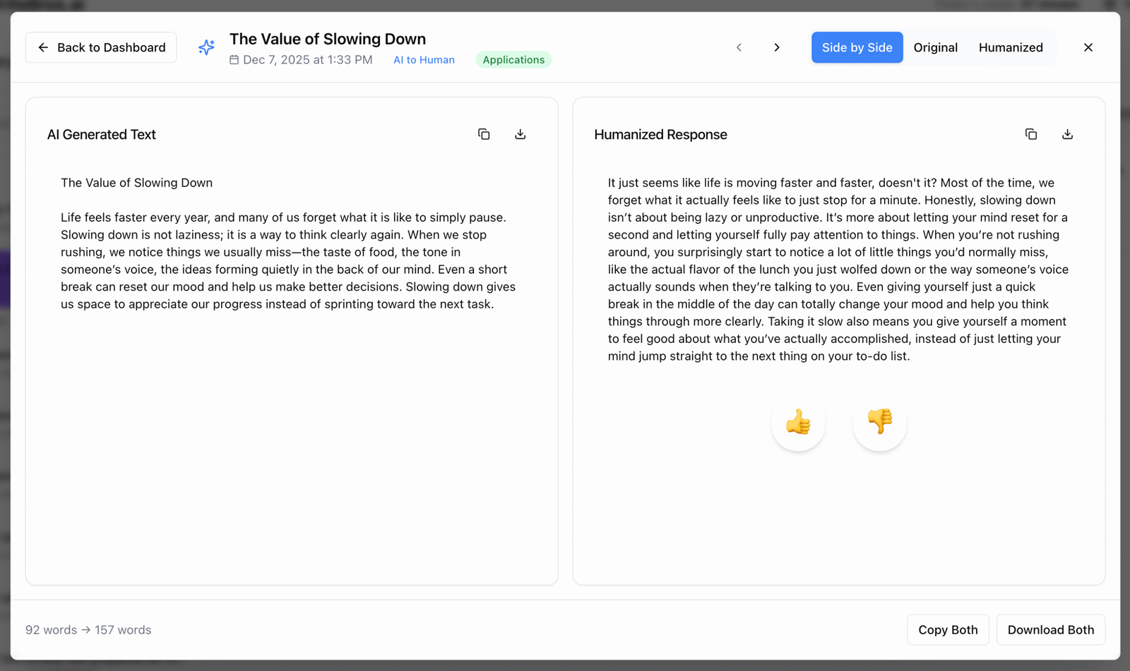 WriteBros.ai side by side view comparing the original AI Generated Text and the Humanized Response
