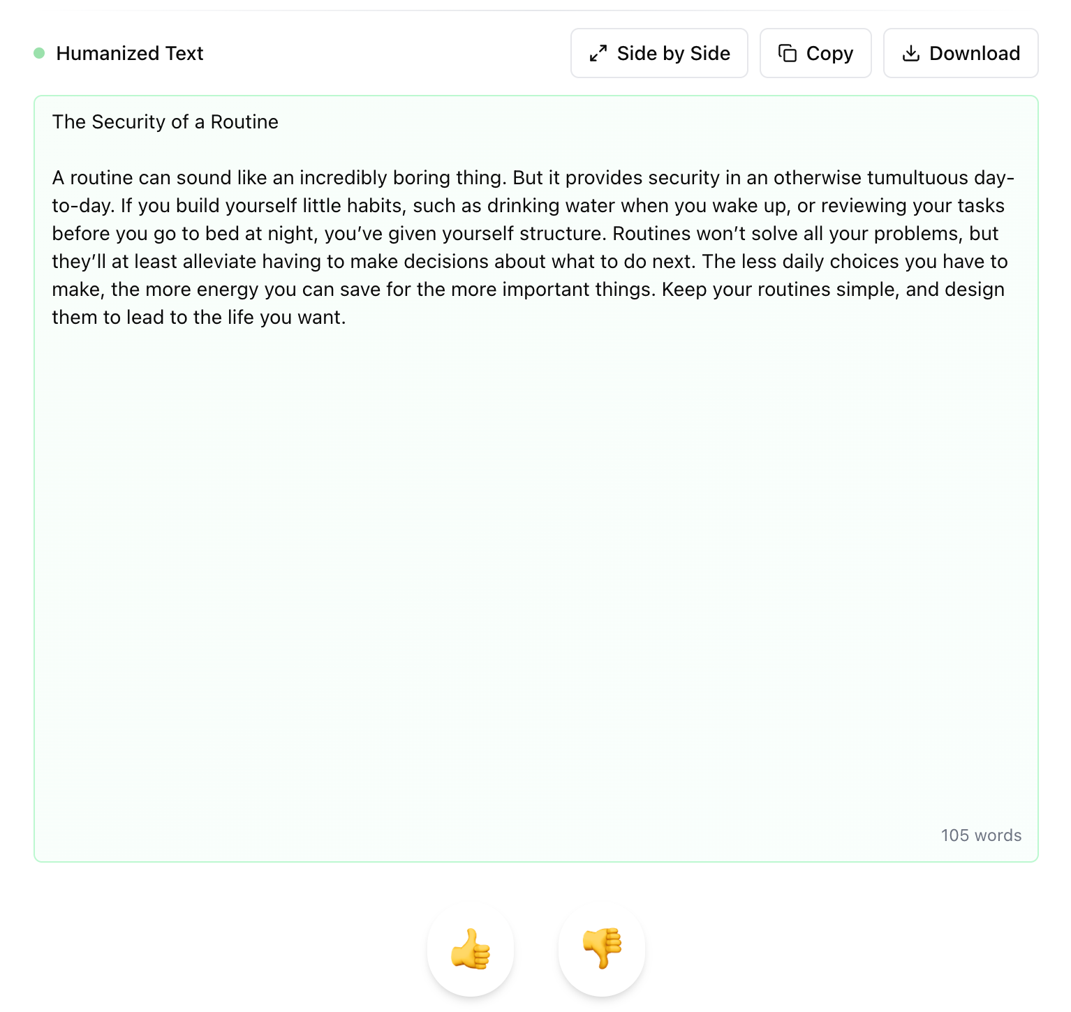 WriteBros.ai Humanized Text output box with options to copy, download, and open side by side view