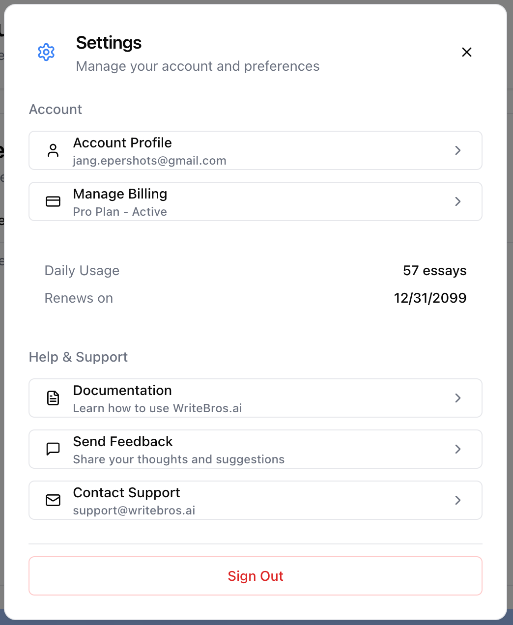 WriteBros.ai Settings panel with account, billing, usage, help links, and sign out button
