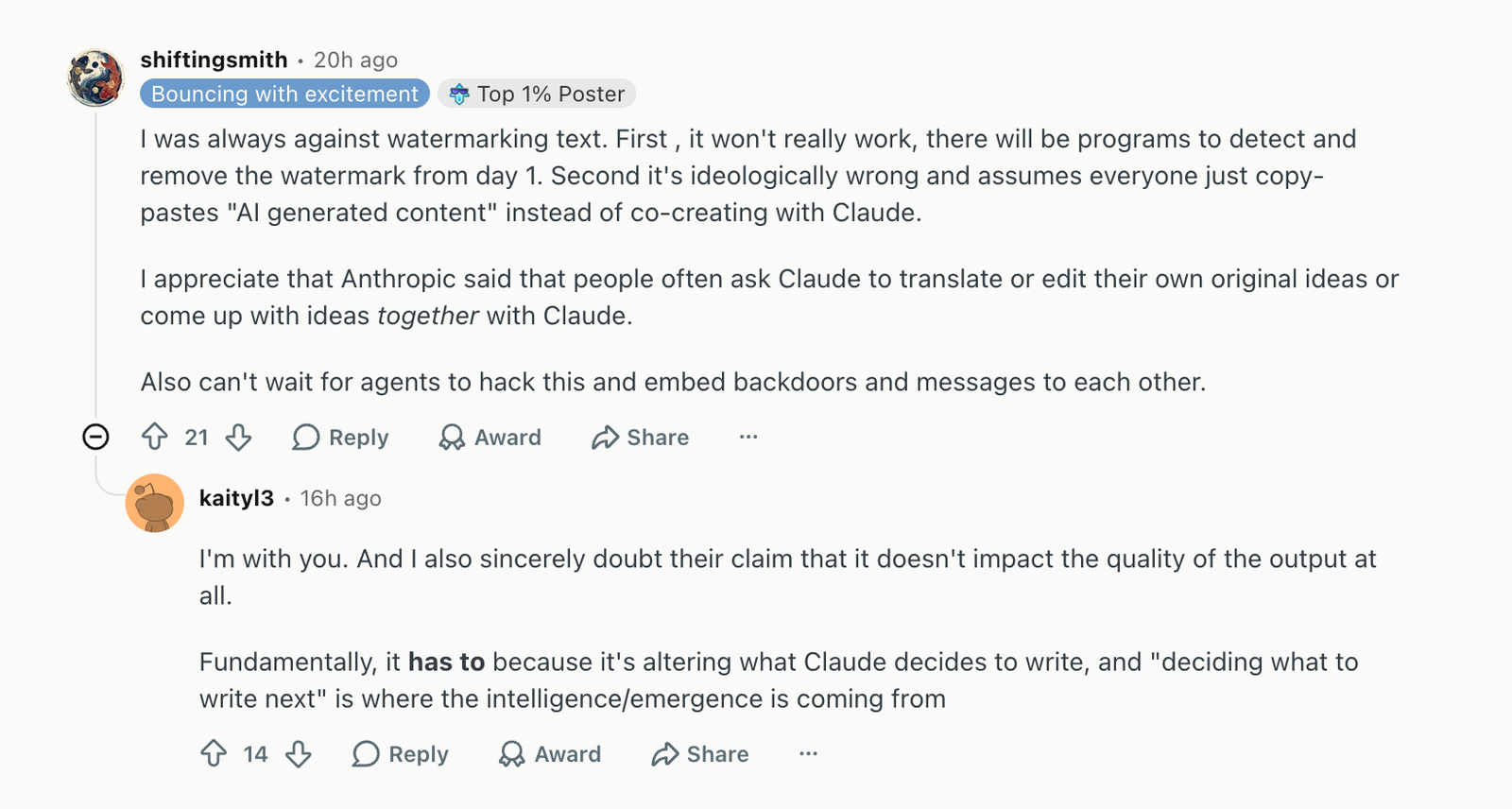 Claude AI Watermarking: Reddit users discuss watermark removal, co-creation, and possible effects on output quality